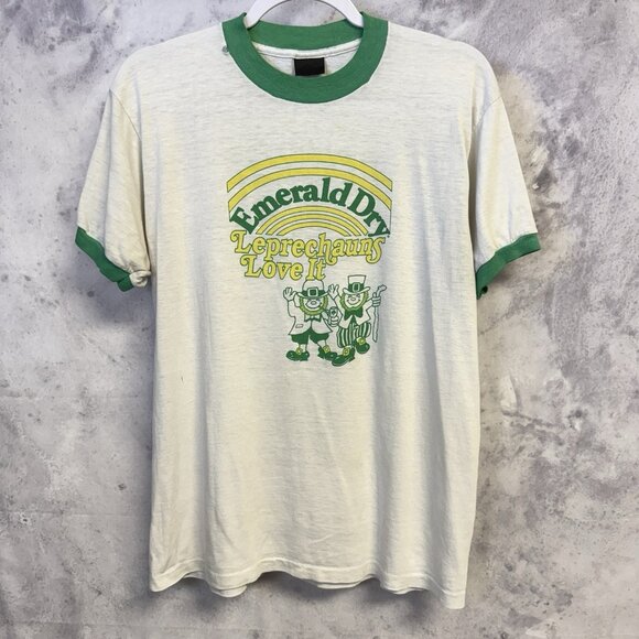 Vintage 80s Leprechaun T Shirt Mens Medium Ringer Emerald Day St Paddys Day - Picture 1 of 16